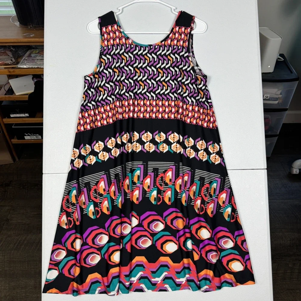 New Directions Womens Geometric Print Sleeveless Swing Dress Black Multi Medium